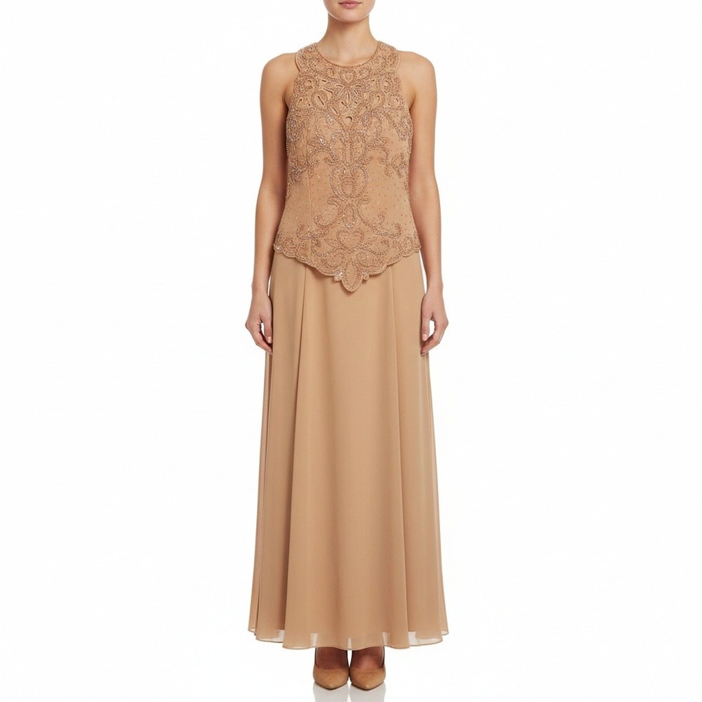 Cinderella Women's Size‎ Medium Beaded Sequin Maxi Dress Tan Nude Formal Gown